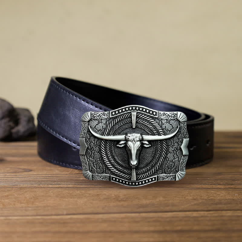 Cintura in pelle con fibbia a testa di toro western fai da te da uomo - Argento - Cintura PU nera (40) - image 3