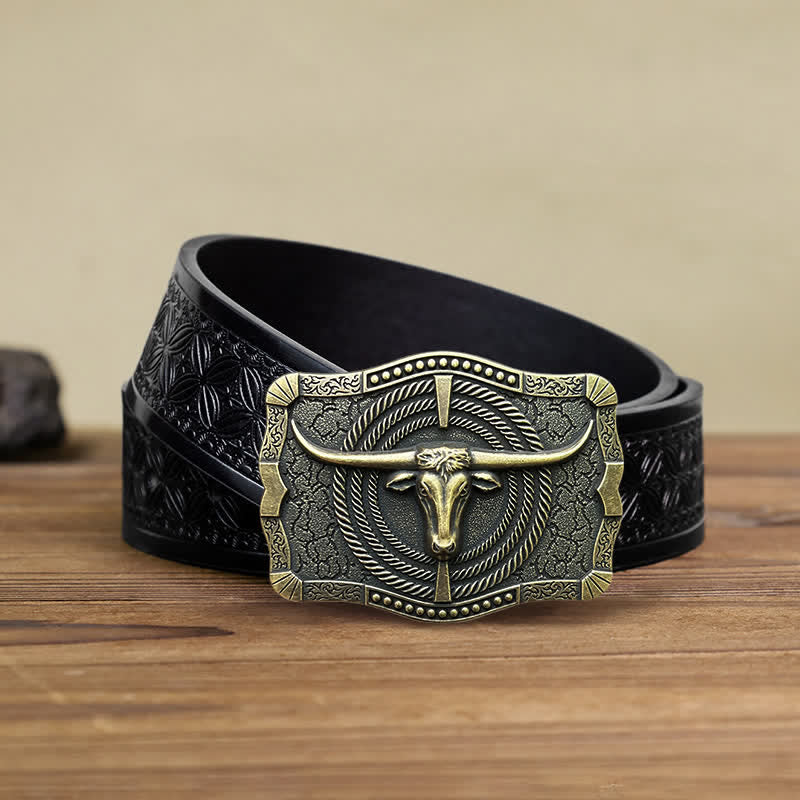 Cintura in pelle con fibbia a testa di toro western fai da te da uomo - Bronzo - Cintura in tessuto goffrato nero (38) - image 13