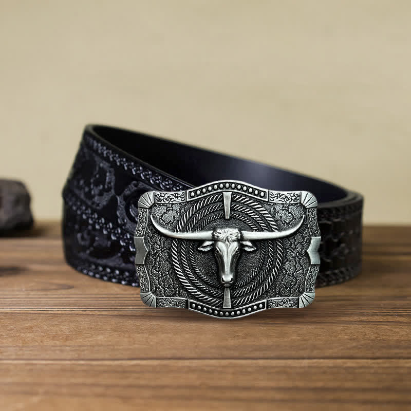 Cintura in pelle con fibbia a testa di toro western fai da te da uomo - Argento - Cintura nera intagliata (40) - image 6