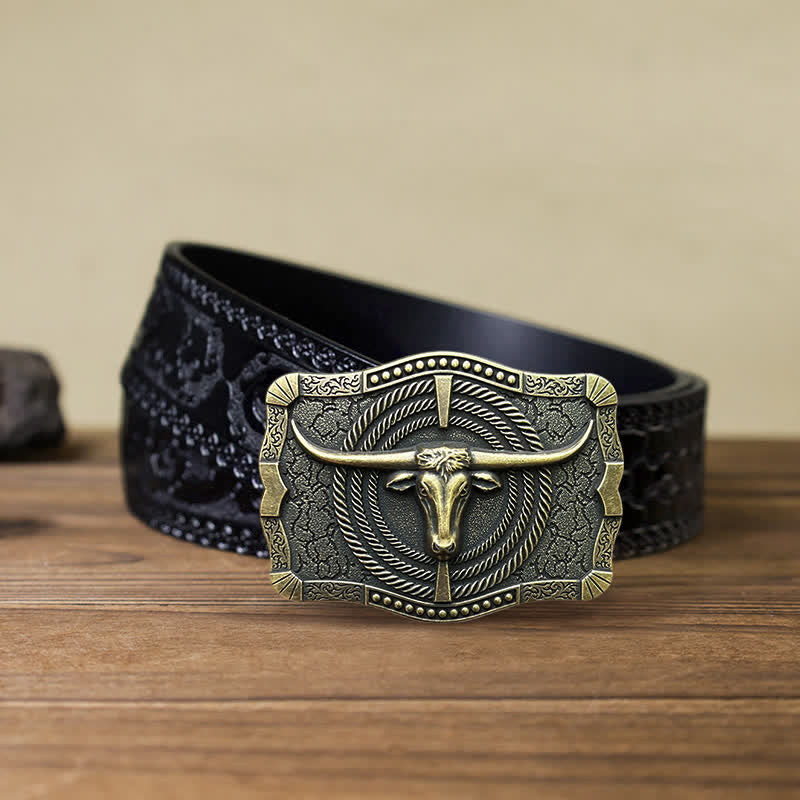 Cintura in pelle con fibbia a testa di toro western fai da te da uomo - Bronzo - Cintura nera intagliata (40) - image 14