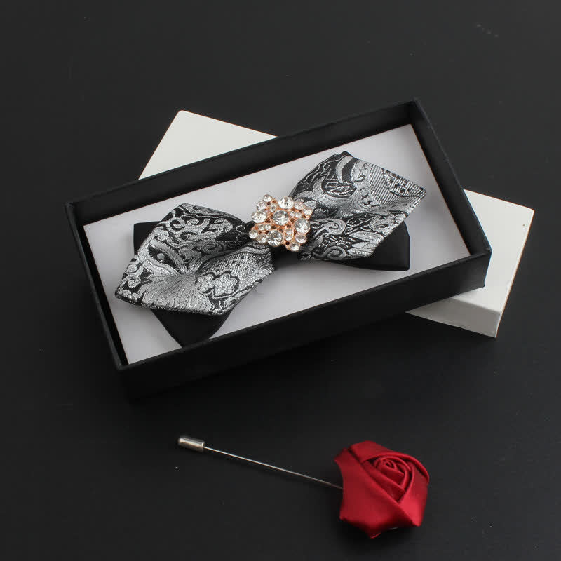 Papillon classico da uomo con paisley e cristalli e spilla da bavero - Argento - image 1