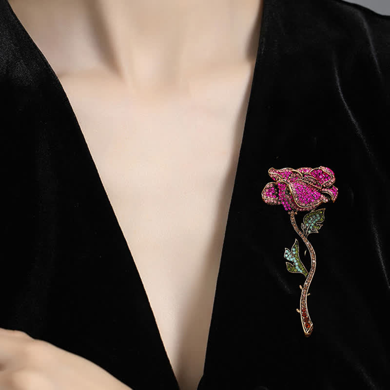 Spilla da donna con strass a forma di rosa a ramo lungo - image 1