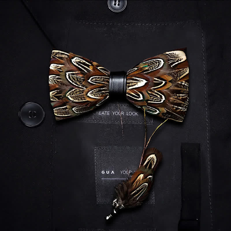 Papillon con piume di fagiano marrone per bambini con spilla da bavero - Ragazzo - image 0