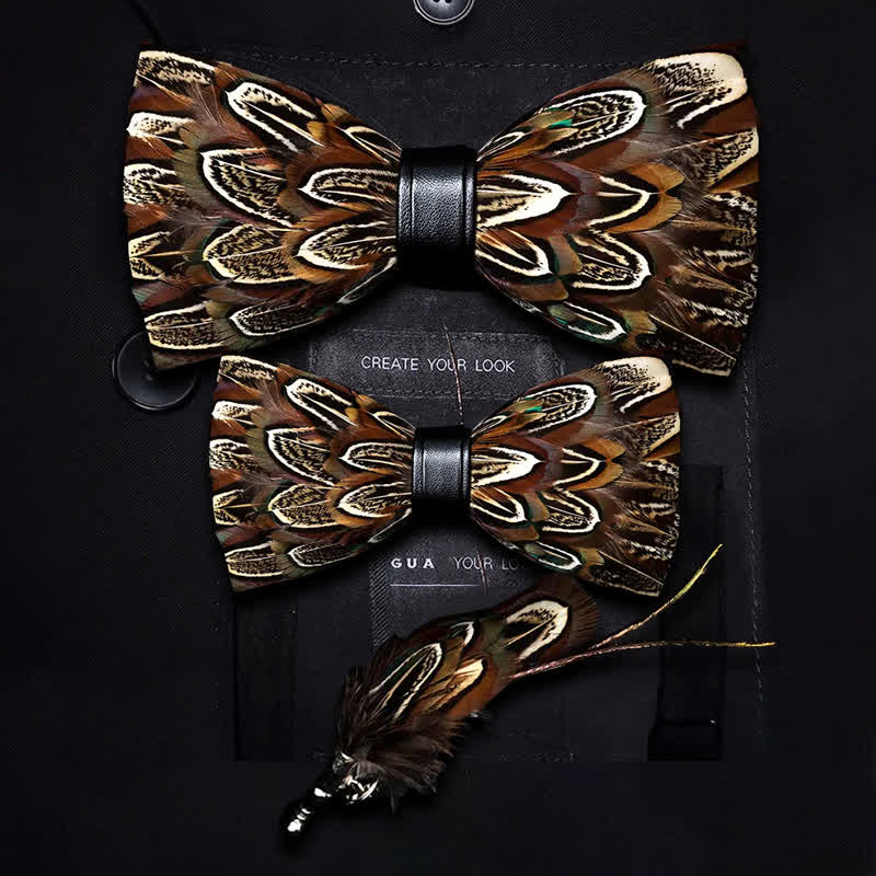 Papillon con piume di fagiano marrone per bambini con spilla da bavero - Set Genitore-Figlio - image 5
