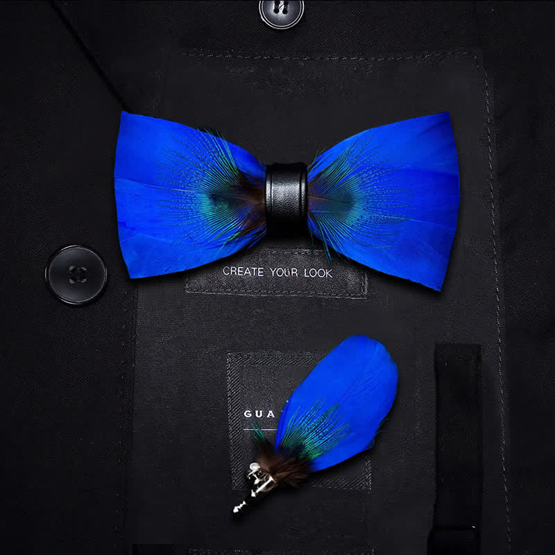 Papillon con piume di pavone blu Oxford per bambini con spilla da bavero - Ragazzo - image 0
