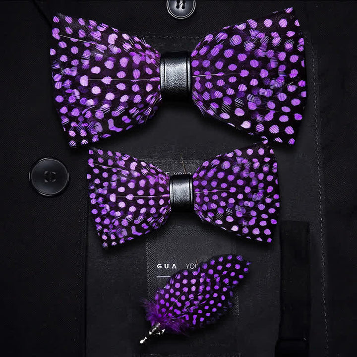 Papillon con piume a pois bianchi viola scuro per bambini con spilla da bavero - Set Genitore-Figlio - image 4