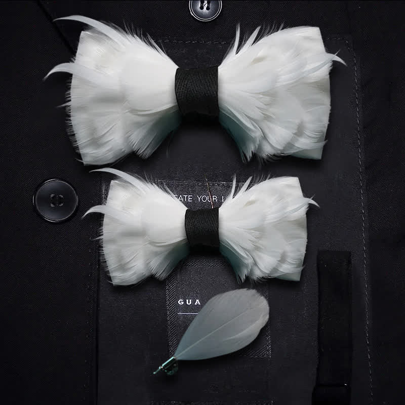 Papillon elegante con piume bianco e nero per bambini con spilla da bavero - Set Genitore-Figlio - image 3