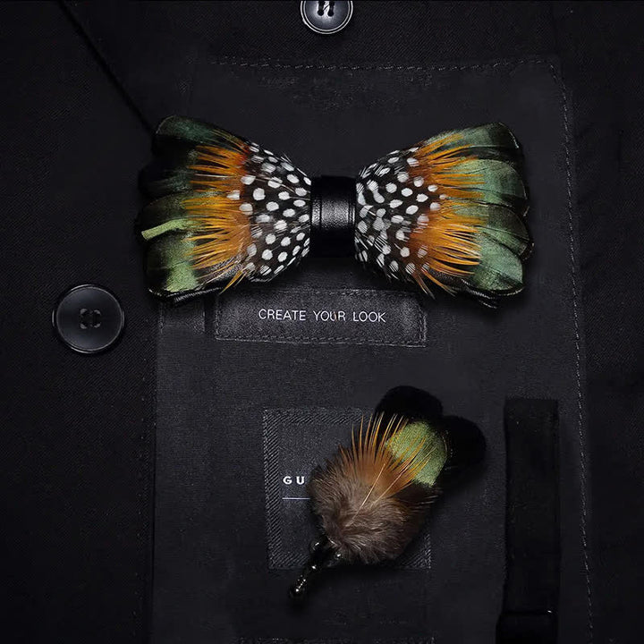 Papillon vintage con piume verde foresta e arancione per bambini con spilla da bavero - Ragazzo - image 0