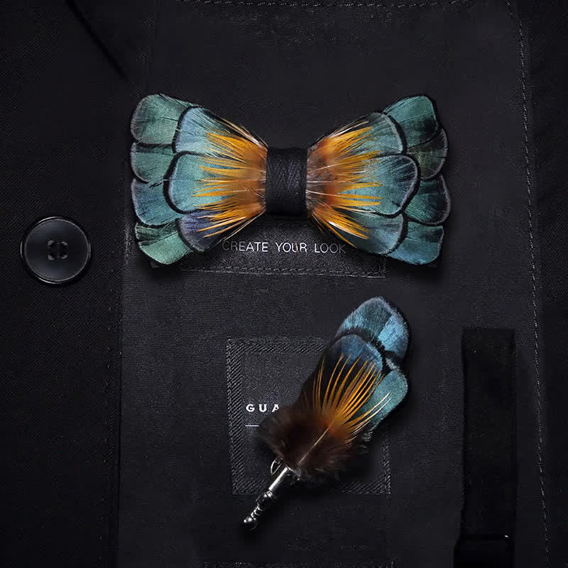 Papillon da bambino verde e arancione con piuma di girasole e spilla da bavero - Ragazzo - image 0