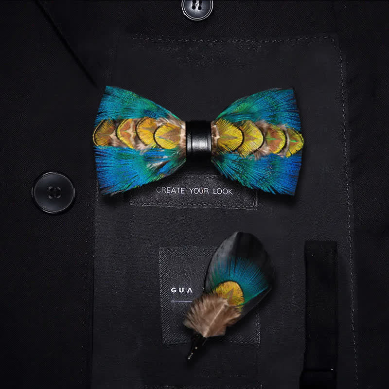 Papillon con piume blu e verde-giallo per bambini con spilla da bavero - Ragazzo - image 0