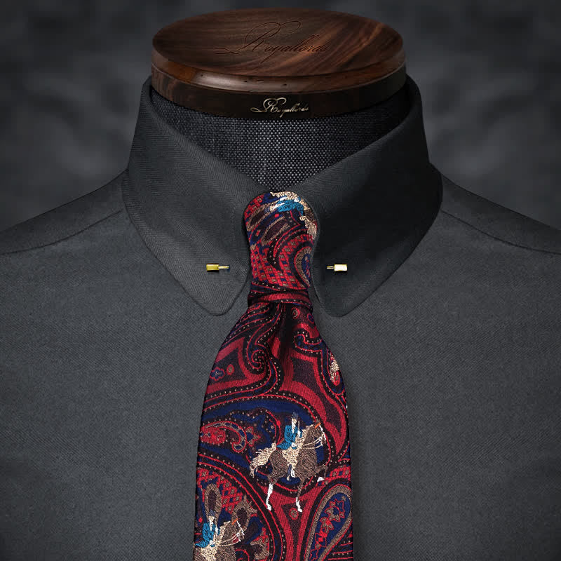Cravatta da uomo con ricamo a cavallo e motivo Paisley rosso - Borgogna - image 0