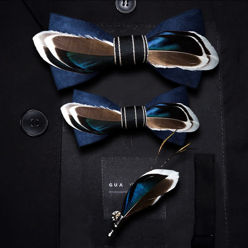 Papillon vintage con piume blu navy e marrone per bambini con spilla da bavero - Set Genitore-Figlio - image 4
