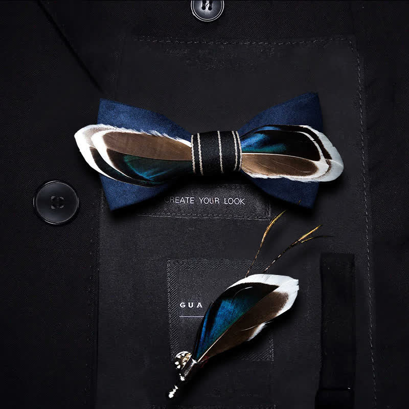 Papillon vintage con piume blu navy e marrone per bambini con spilla da bavero - Ragazzo - image 0