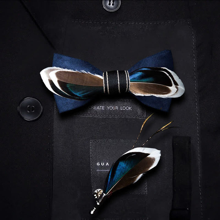 Papillon vintage con piume blu navy e marrone per bambini con spilla da bavero - Ragazzo - image 0