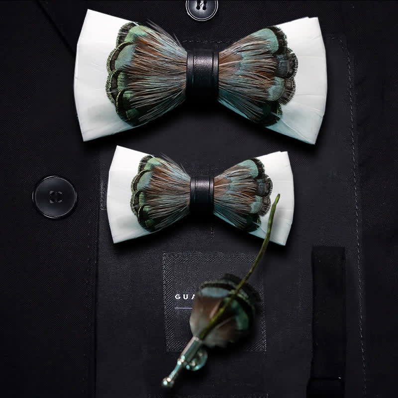 Papillon con piume bianco e verde smeraldo per bambini con spilla da bavero - Set Genitore-Figlio - image 3