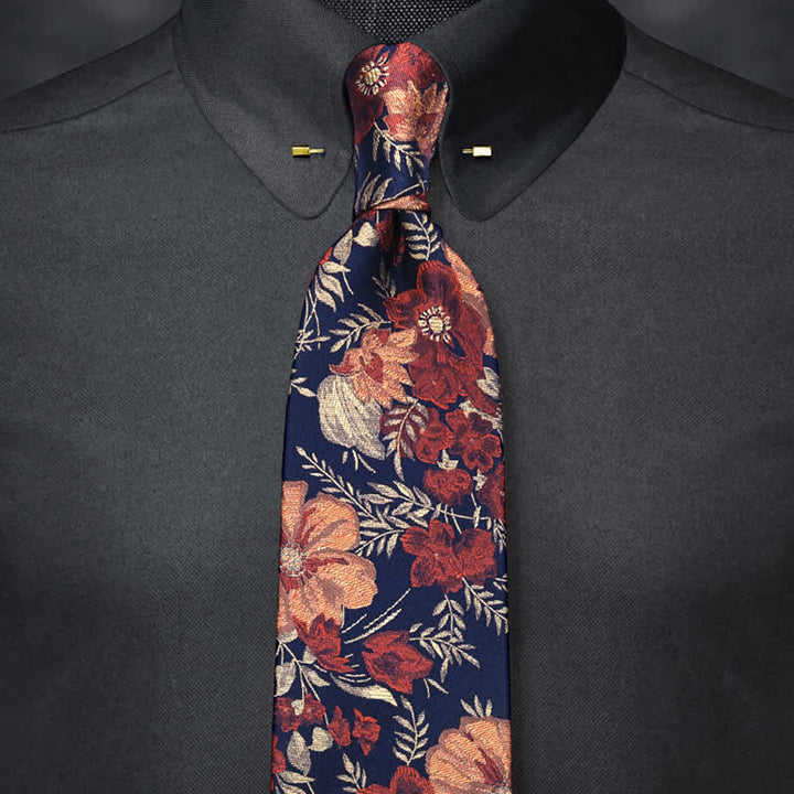 Cravatta da uomo con ricamo floreale e sfondo blu retrò - Rosso e blu navy - image 0