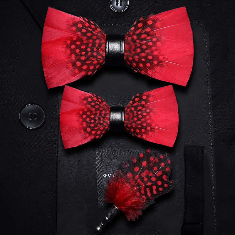 Papillon con piume di fringuello rosso e nero per bambini con spilla da bavero - Set Genitore-Figlio - image 5