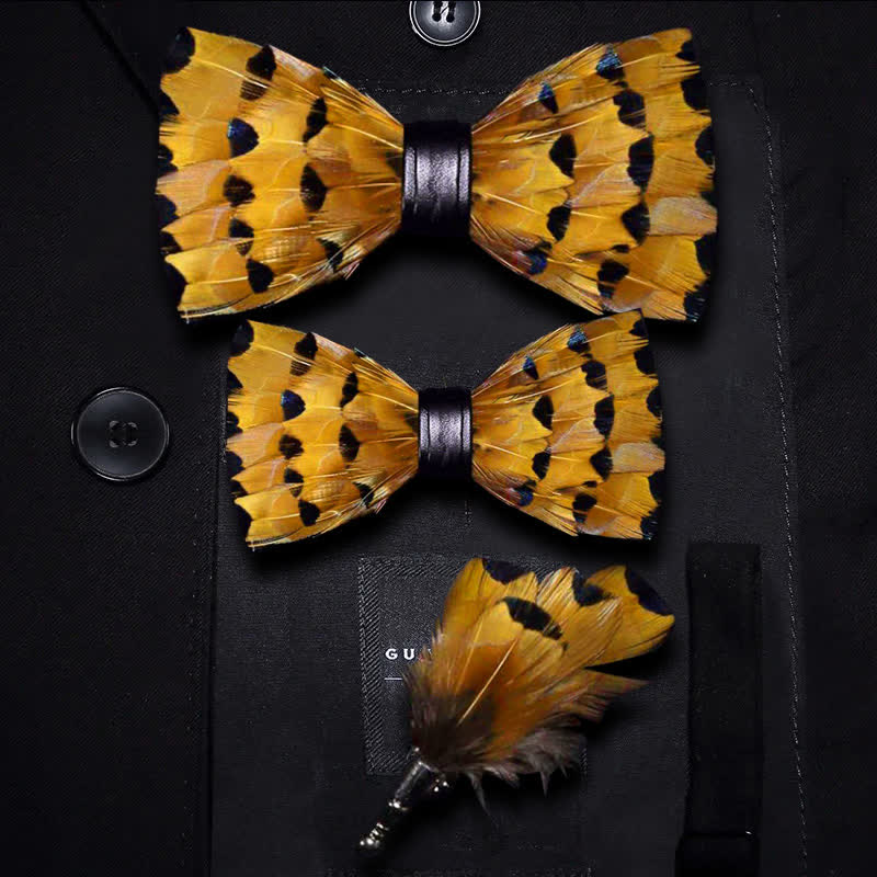 Papillon con piume di coda di fringuello gialle e dorate per bambini con spilla da bavero - Set Genitore-Figlio - image 3