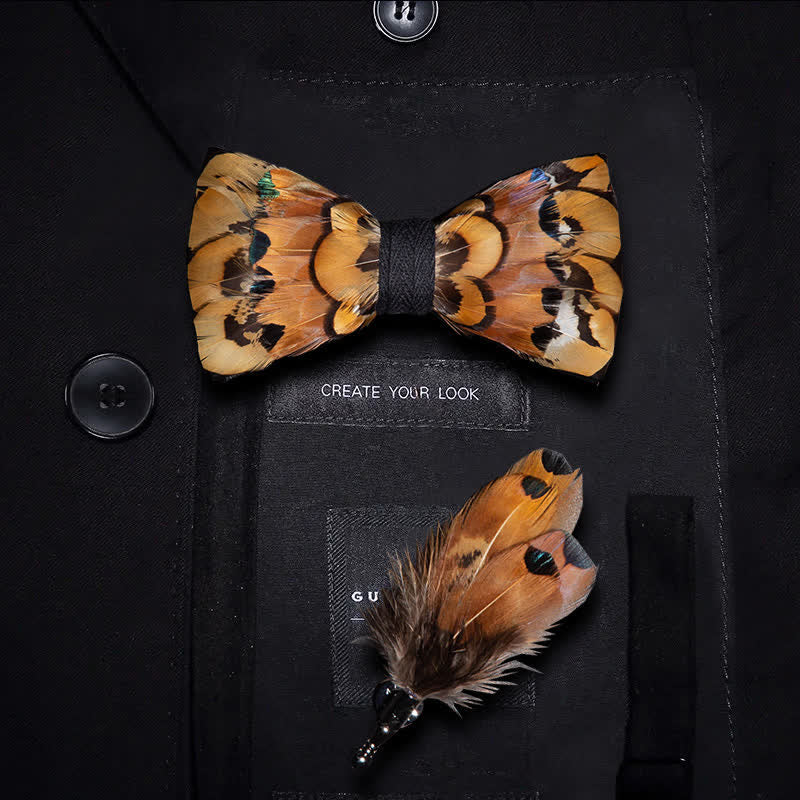 Papillon con piume di fagiano beige e oro per bambini con spilla da bavero - Ragazzo - image 0
