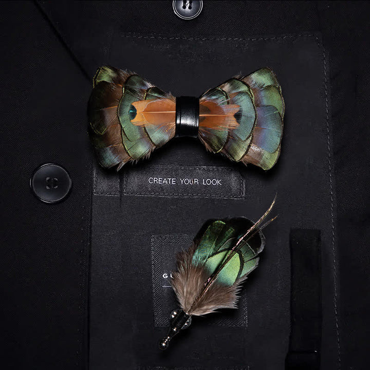 Papillon con piume color verde smeraldo e oro per bambini con spilla da bavero - Ragazzo - image 0