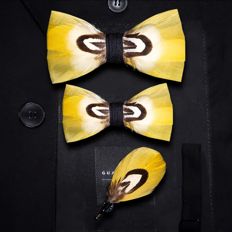 Papillon con piume di pappagallo giallo per bambini con spilla da bavero - Set Genitore-Figlio - image 4