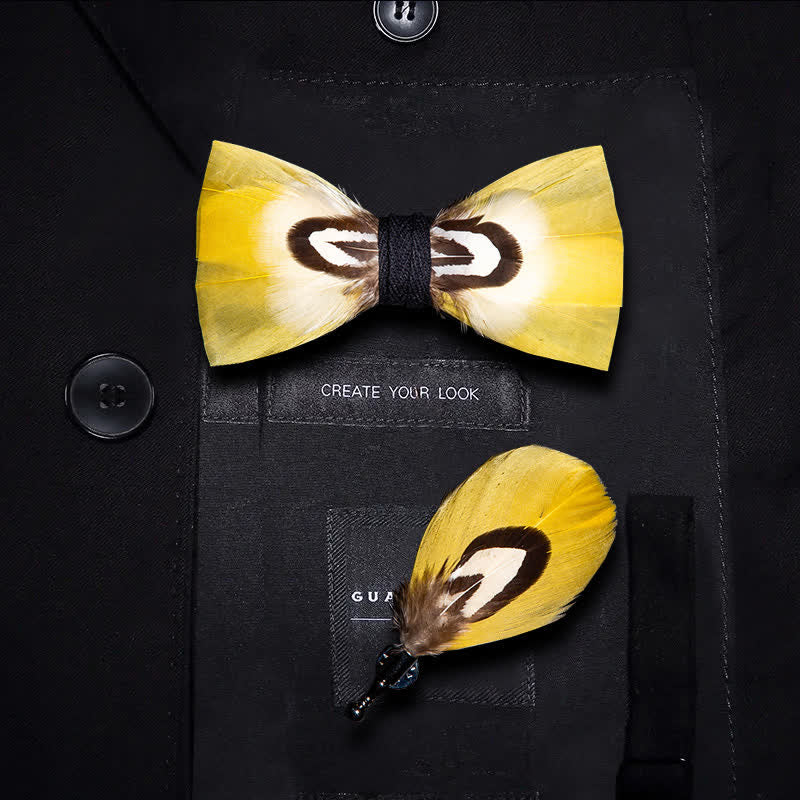 Papillon con piume di pappagallo giallo per bambini con spilla da bavero - Ragazzo - image 0
