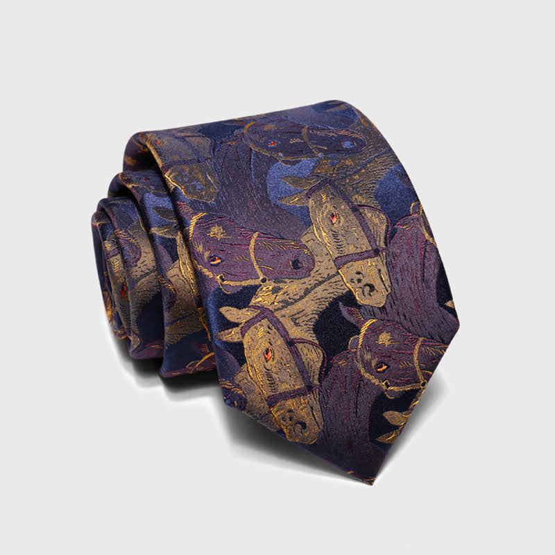 Cravatta da uomo in jacquard con motivo a cavallo viola e verga d'oro - image 3