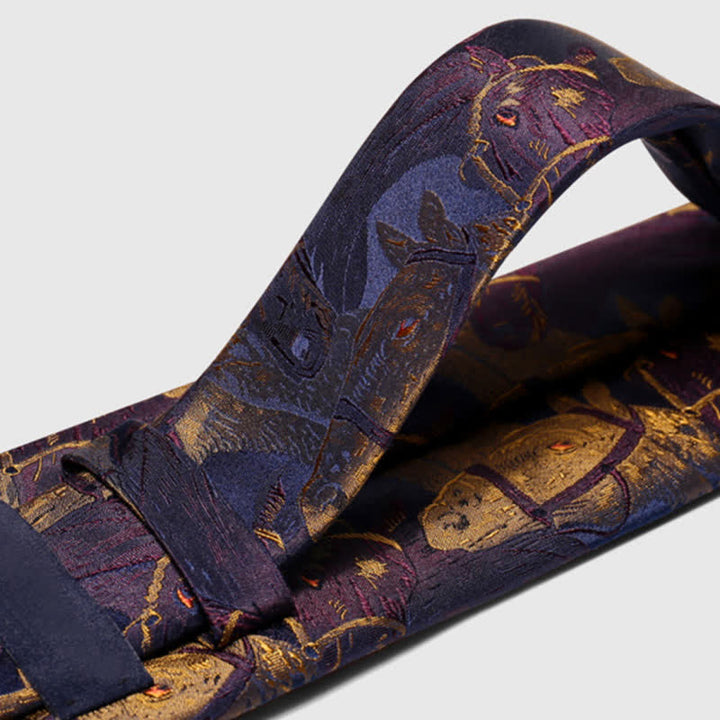 Cravatta da uomo in jacquard con motivo a cavallo viola e verga d'oro - image 6