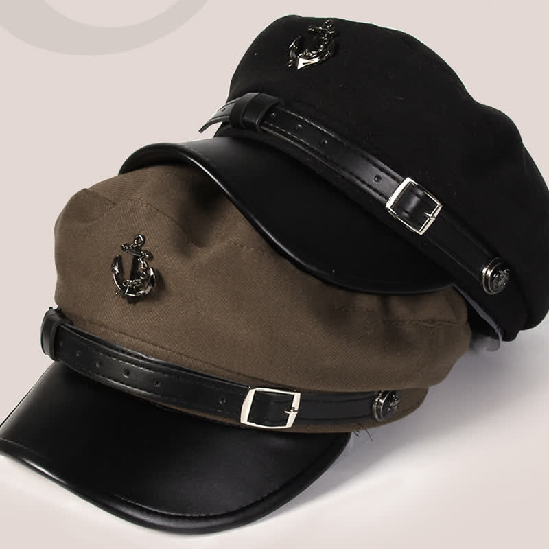 Cappello basco retrò in lana con visiera a becco d'anatra e ancora nautica - image 1