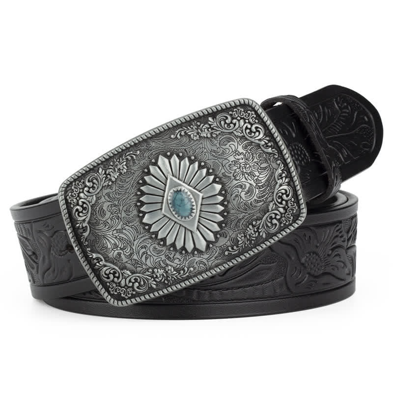 Cintura in pelle con fibbia automatica con motivo floreale inciso da uomo - Nero / Argento - 46 - image 13