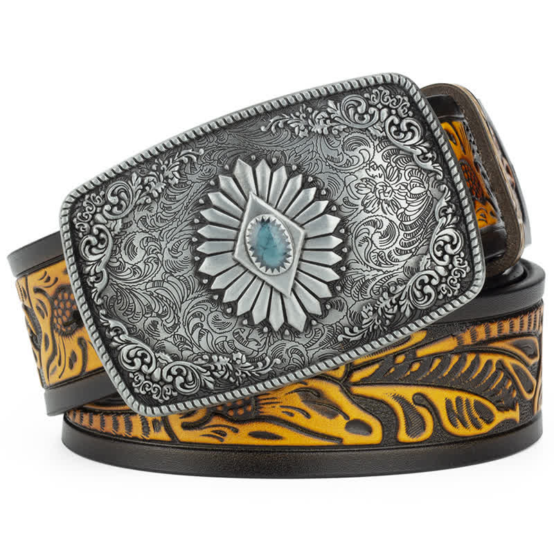 Cintura in pelle con fibbia automatica con motivo floreale inciso da uomo - Marrone sabbia / Argento - 46 - image 12