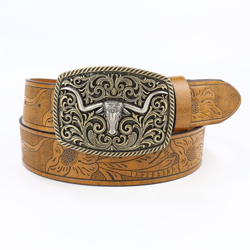 Cintura da uomo in pelle incisa con motivo floreale a toro in bronzo - Marrone sabbia - 40 - image 0