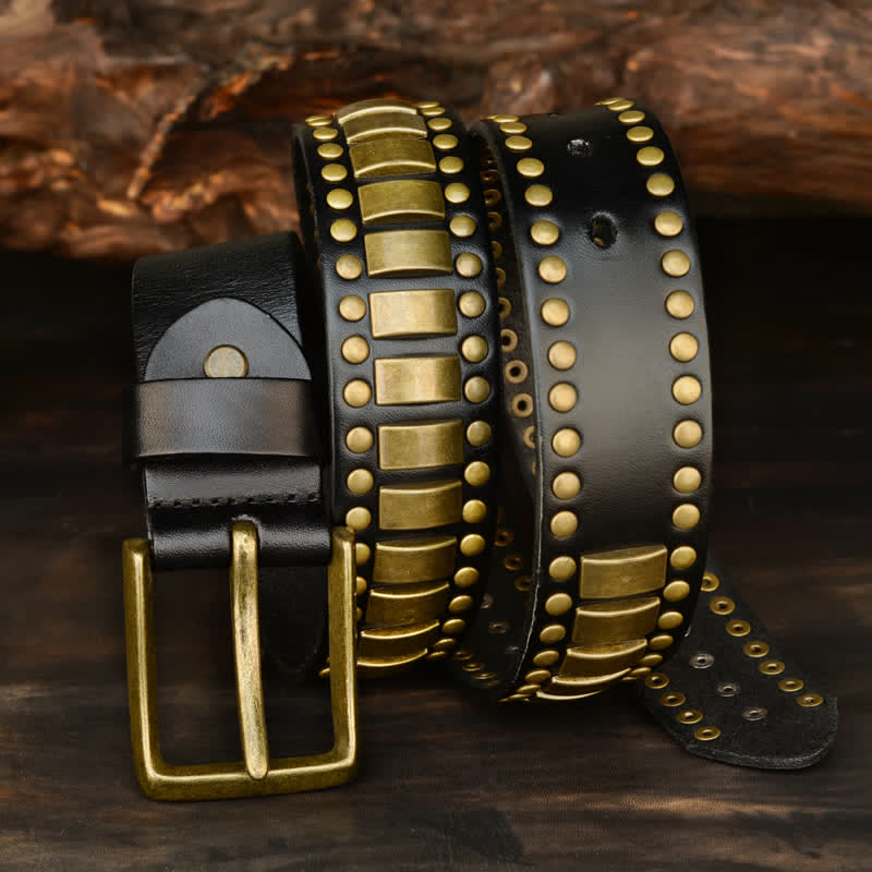 Cintura in pelle con rivetti quadrati e rotondi in oro antico da uomo - image 14