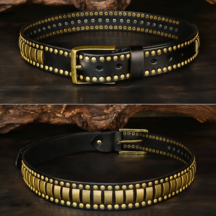 Cintura in pelle con rivetti quadrati e rotondi in oro antico da uomo - image 20