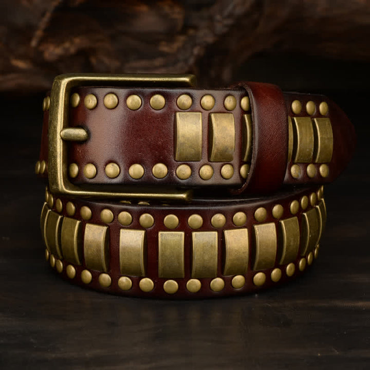 Cintura in pelle con rivetti quadrati e rotondi in oro antico da uomo - image 1