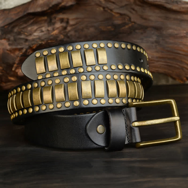 Cintura in pelle con rivetti quadrati e rotondi in oro antico da uomo - image 17