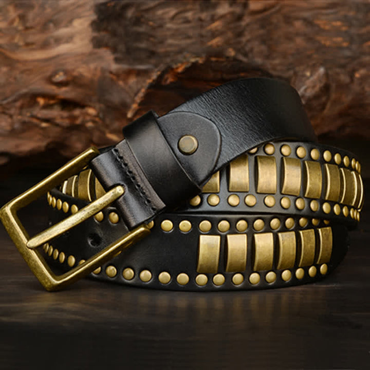 Cintura in pelle con rivetti quadrati e rotondi in oro antico da uomo - image 19