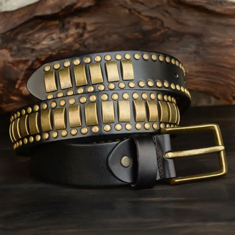 Cintura in pelle con rivetti quadrati e rotondi in oro antico da uomo - image 16
