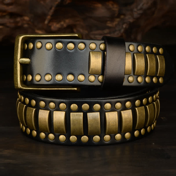 Cintura in pelle con rivetti quadrati e rotondi in oro antico da uomo - image 12
