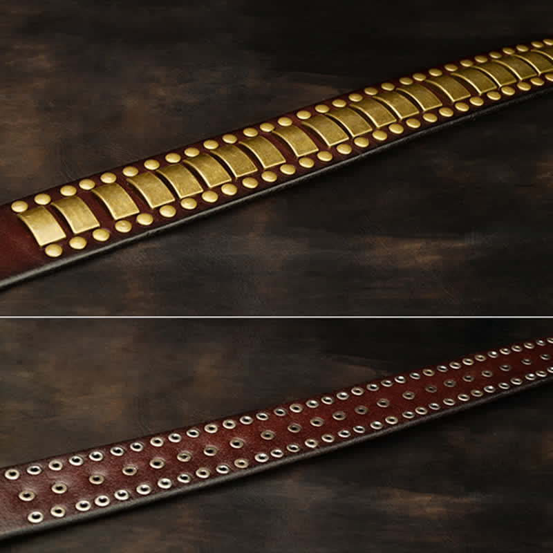 Cintura in pelle con rivetti quadrati e rotondi in oro antico da uomo - image 6