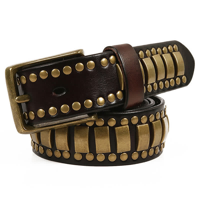Cintura in pelle con rivetti quadrati e rotondi in oro antico da uomo - Marrone scuro - 44 - image 2
