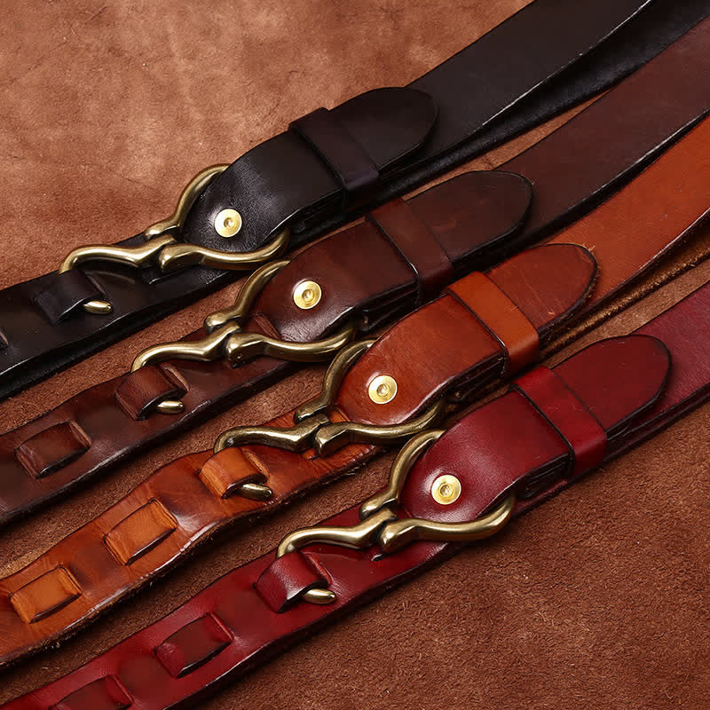 Cintura da uomo in pelle di cavalleria con fibbia a gancio in ottone intrecciato - image 1