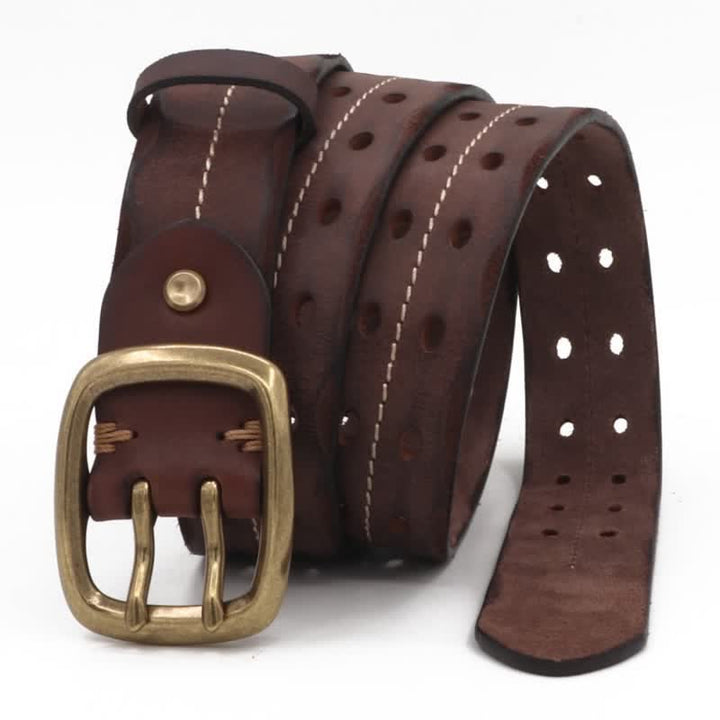Cintura in pelle con fibbia in ottone a doppio foro da uomo - Caffè - 42 - image 12