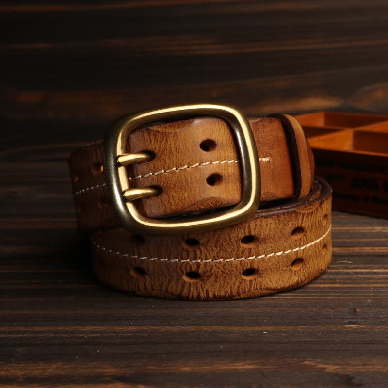 Cintura in pelle con fibbia in ottone a doppio foro da uomo - image 2