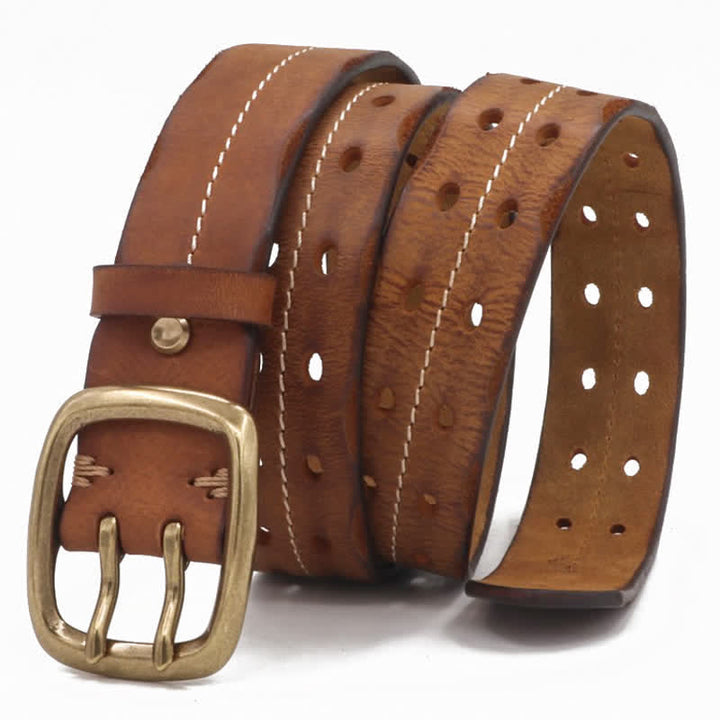 Cintura in pelle con fibbia in ottone a doppio foro da uomo - Marrone-giallastro - 42 - image 0