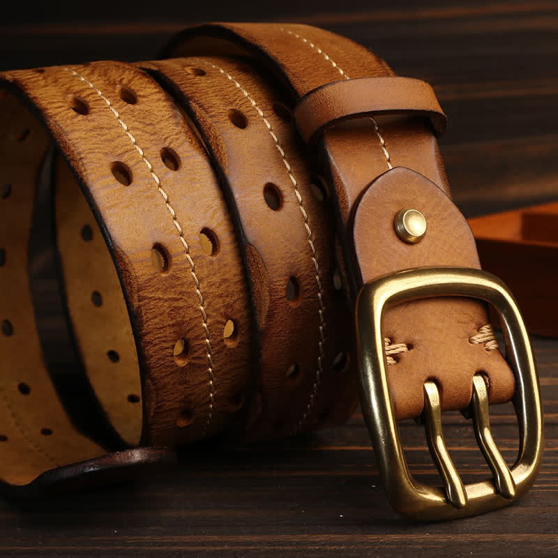 Cintura in pelle con fibbia in ottone a doppio foro da uomo - image 3