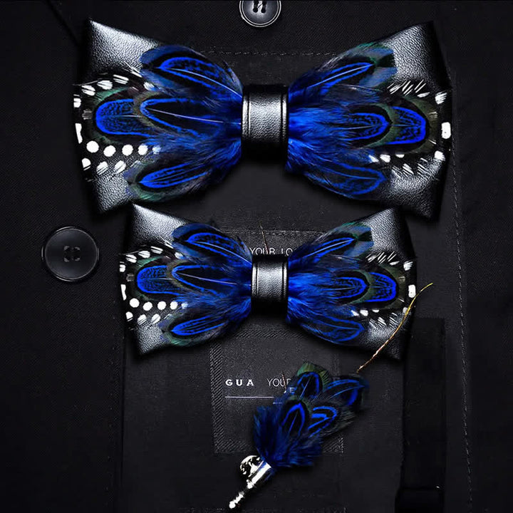 Papillon con piume vivaci a pois bianchi blu scuro con spilla da bavero - Set Genitore-Figlio - image 6