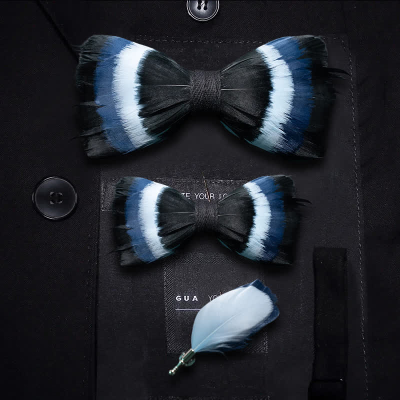 Papillon con piume nere e blu sfumate con spilla da bavero - Set Genitore-Figlio - image 4
