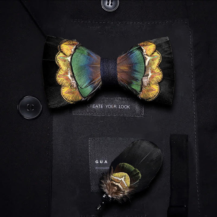 Papillon con piume nere e giallo-verdi con spilla da bavero - Ragazzo - image 2