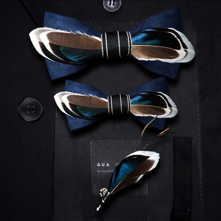 Papillon vintage con piume blu navy e marrone con spilla da bavero - Set Genitore-Figlio - image 5